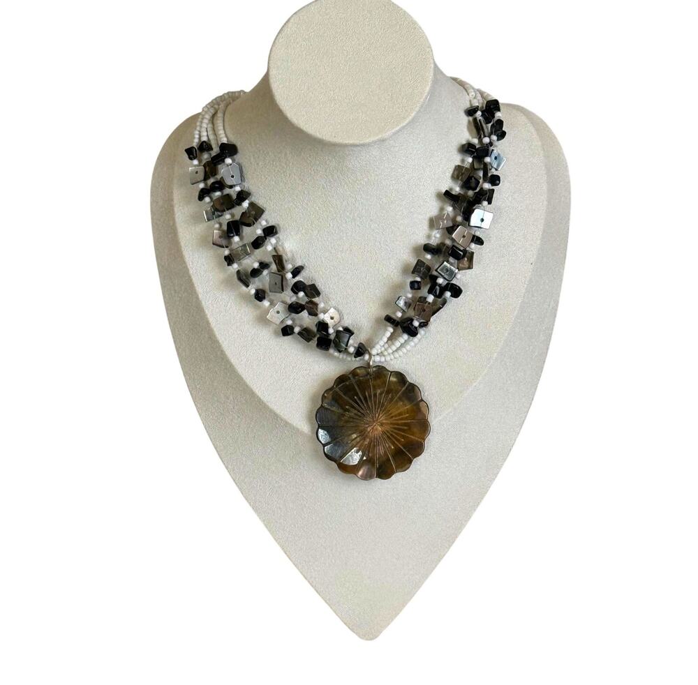 Nacre Shell Pendant Necklace Multi Strand Black White Beaded Boho Statement